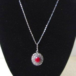 Vintage Red Carnelian Set in .925 Silver on 18 in Silver Chain Necklace
